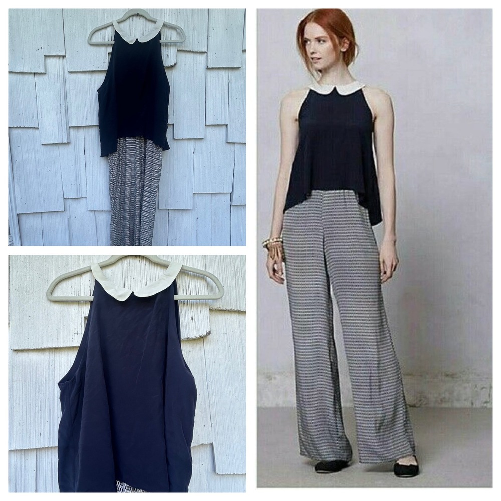 Anthropologie Laureate Lane Silk Wide Leg Jumpsuit Navy Peter Pan Collar M